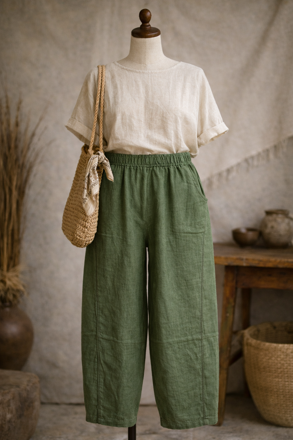 Earth Balloon Pants – Running stitched Linen