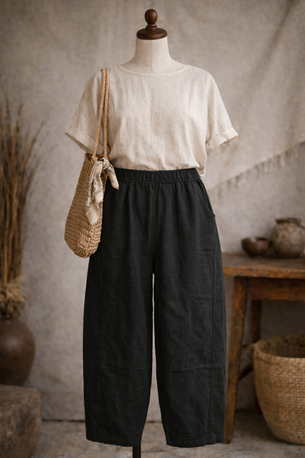 Earth Balloon Pants – Running stitched Linen